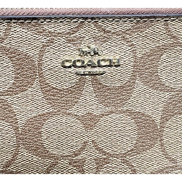 COACH Double Corner Zip Around Wristlet Brown Signature Coated Canvas - Picture 3 of 6